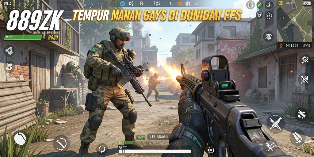 Tangkapan layar dari gameplay intens 889ZK dalam pertempuran FPS.