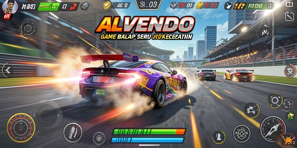 Gameplay ALVENDO yang mendebarkan dengan mobil balap melaju di lintasan.