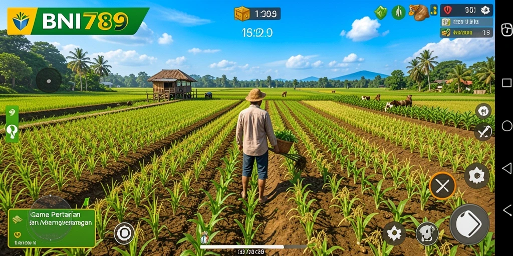 Screenshot BNI789 menampilkan ladang subur dengan berbagai tanaman.