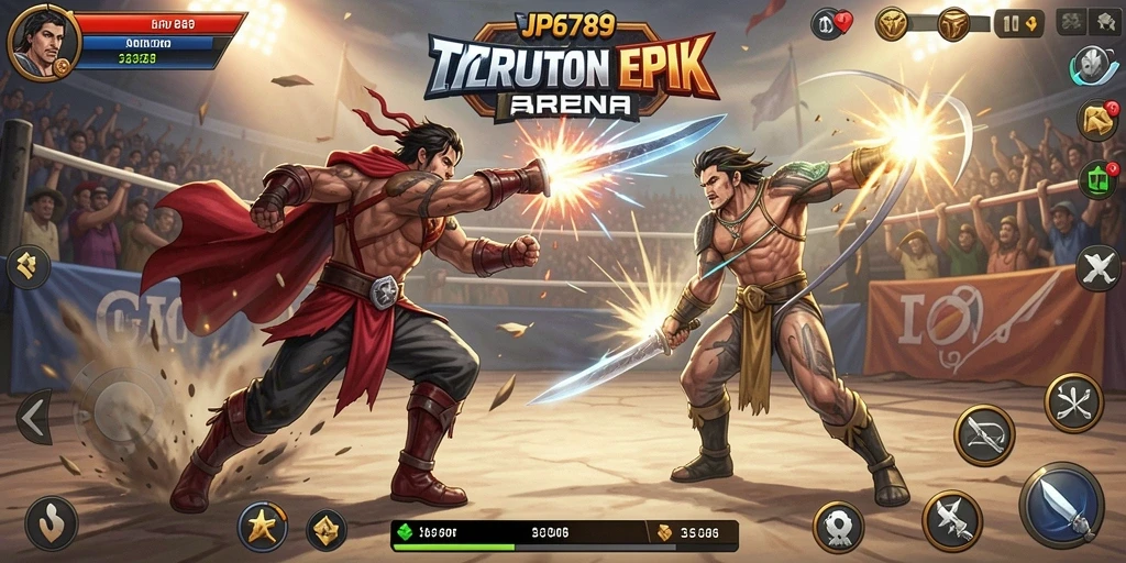 Gameplay aksi intens dalam pertarungan karakter JP6789.