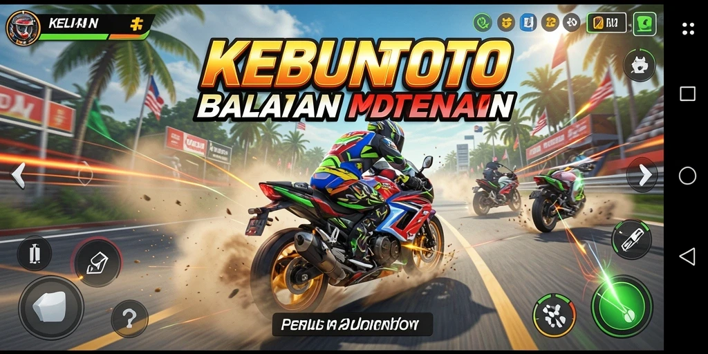 Screenshot gameplay KEBUNTOTO dengan balapan motor di sirkuit menantang.