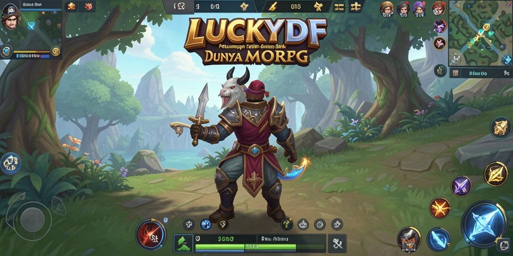 Tampilan gameplay LUCKYDF dengan pertarungan epik dan pemandangan indah.